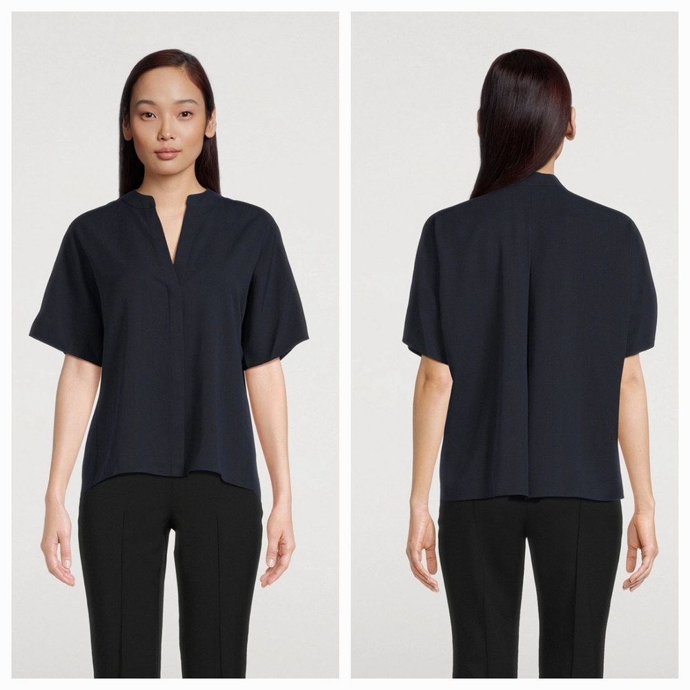 Vince Dolman Sleeve Coastal Blue Black Blouse Tencel Band Collar Neckline